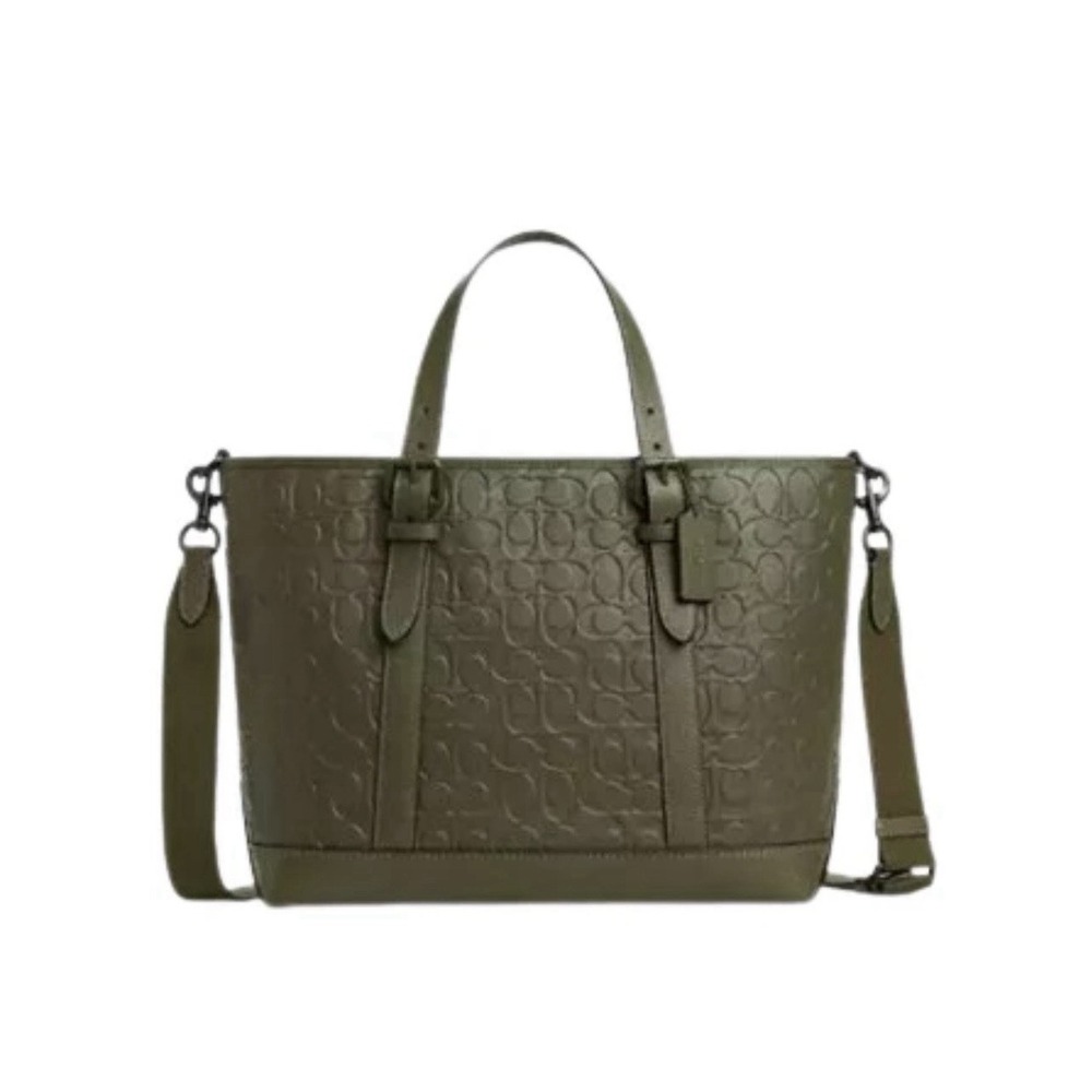 Coach WARNER TOTE BAG IN SIGNATURE LEATHER Olive Color New - Picture 1 of 3